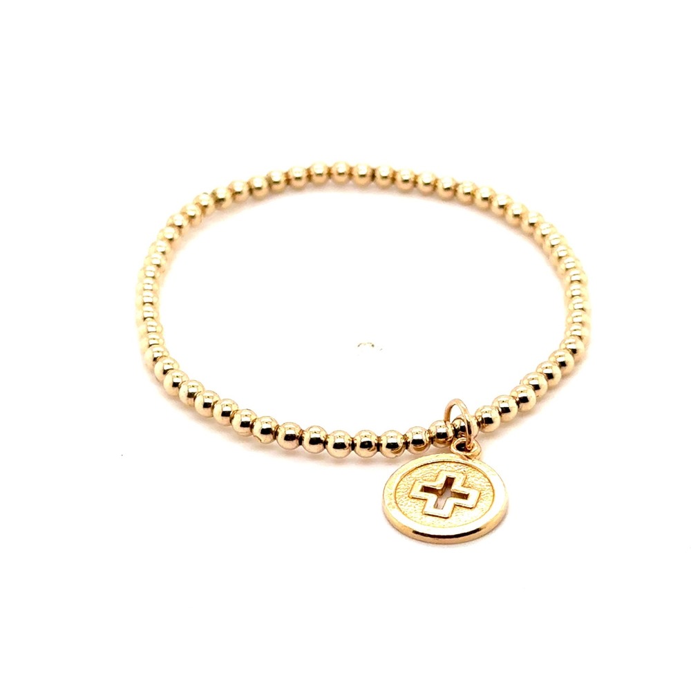 Enewton Gold Beaded Stretch Bracelet with Cross Medallion Charm 14kt Gold Filled